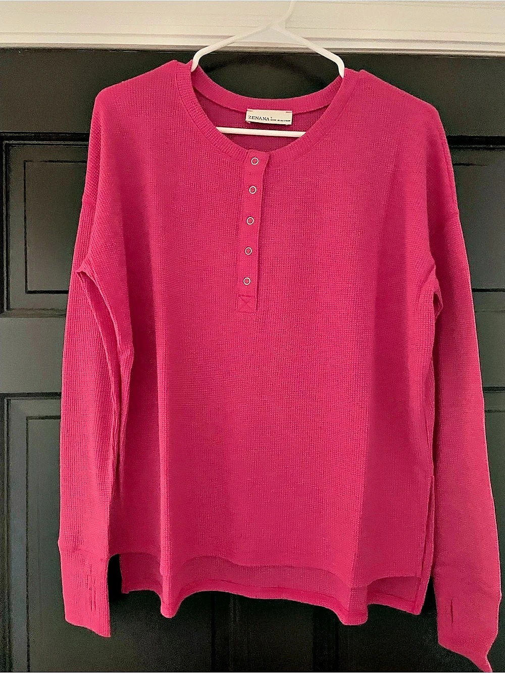ZENANA Washed Baby Waffle Henley Neckline Long Sleeve Top Long Sleeve Top Pink